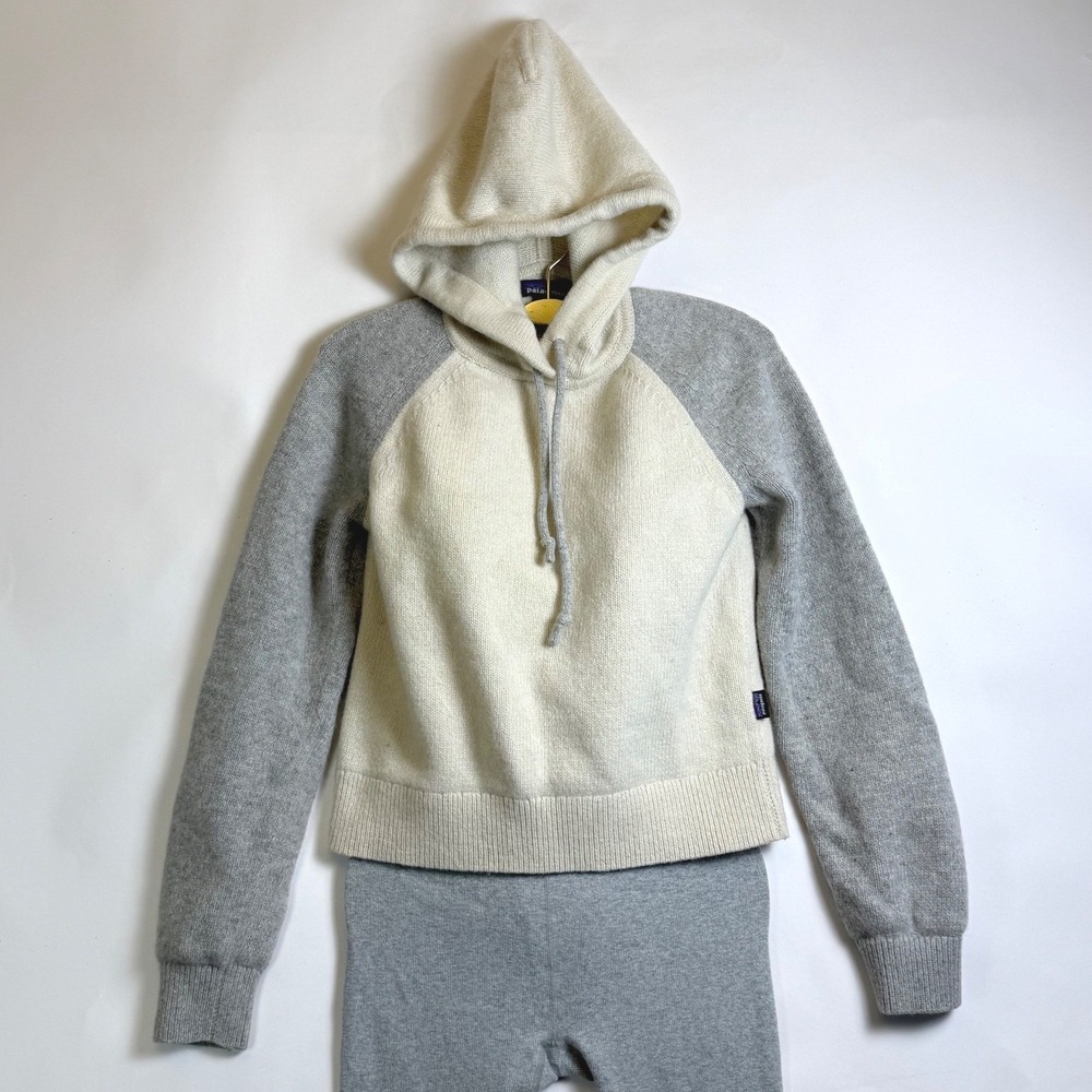 Patagonia Recycled Wool Hooded Sweater Cream Grey Colorblock Womens Small 51095